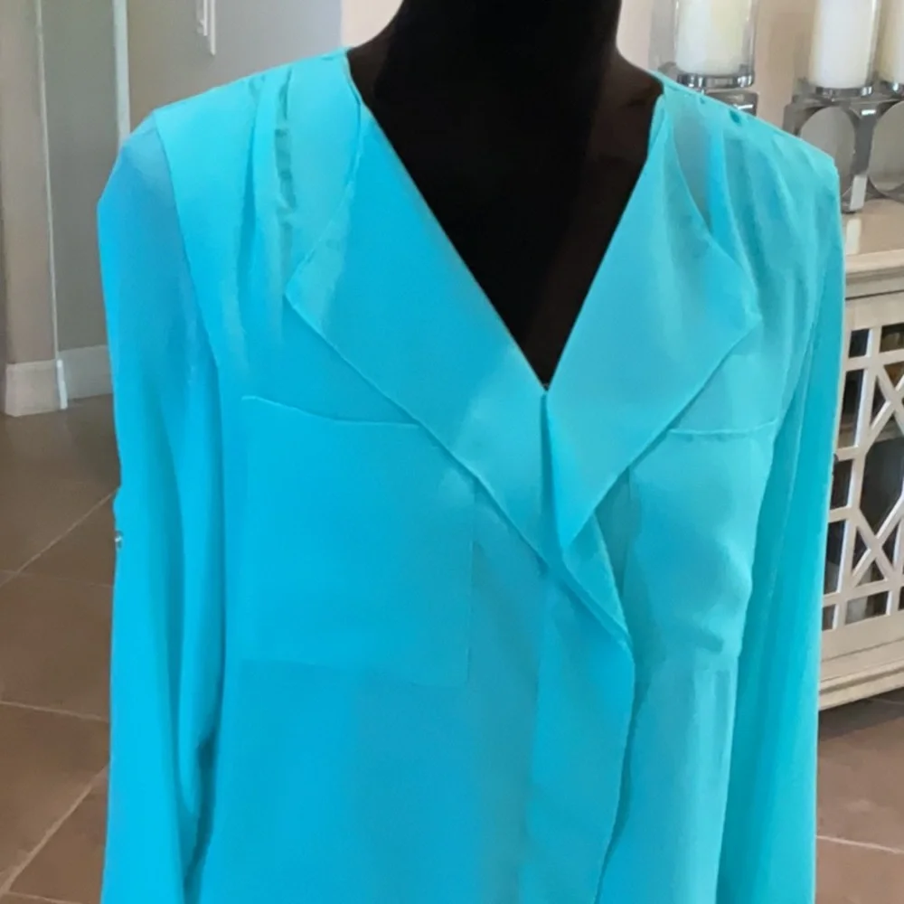 Calvin Klein ruffle front top, long sleeves, aqua blue, size XS - Picture 2 of 6